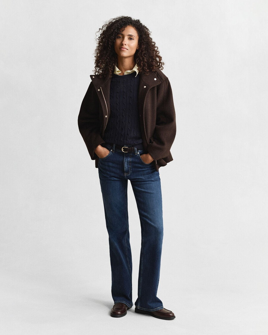 stretch cotton cable knit crew neck sweater - evening blue