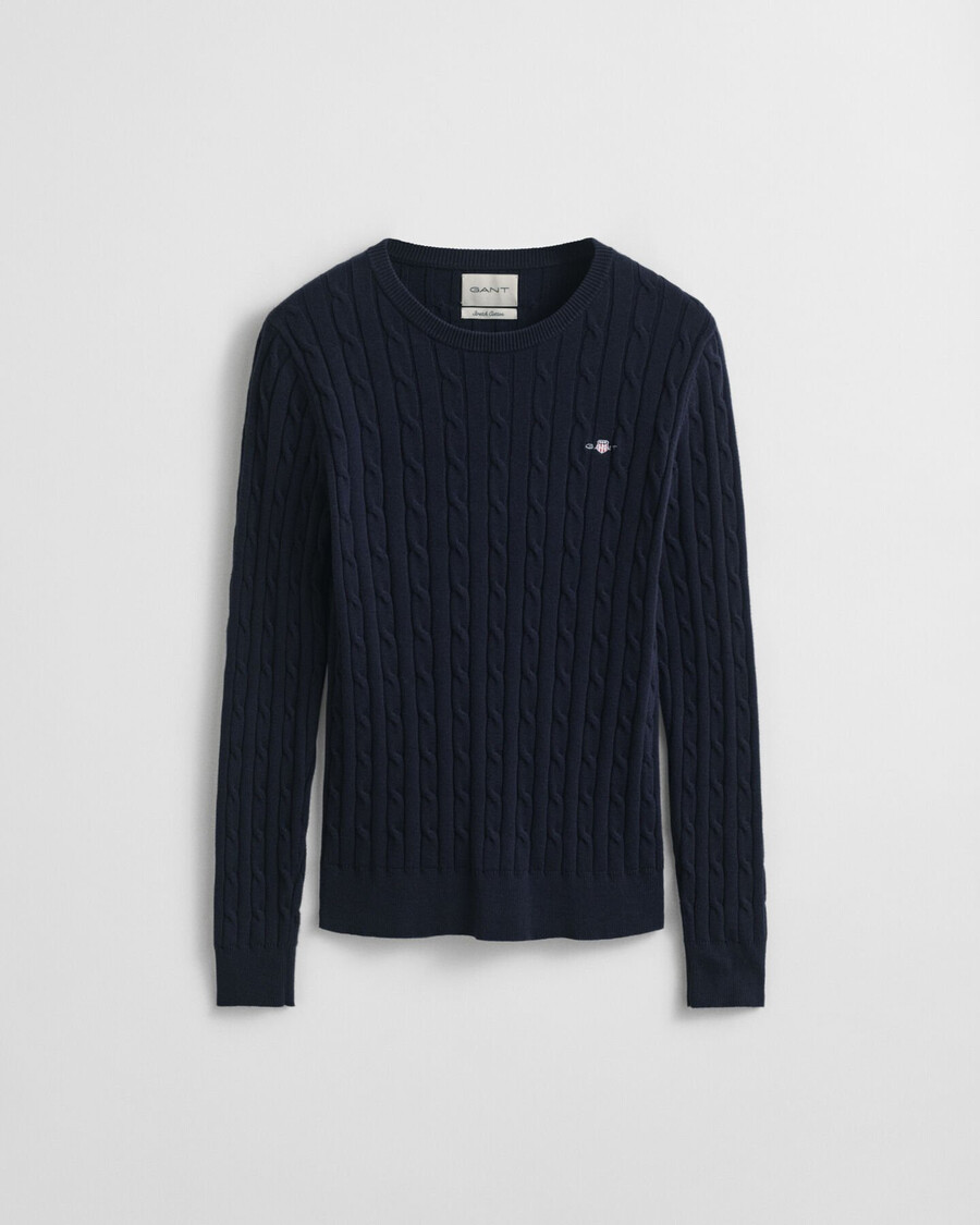 stretch cotton cable knit crew neck sweater - evening blue