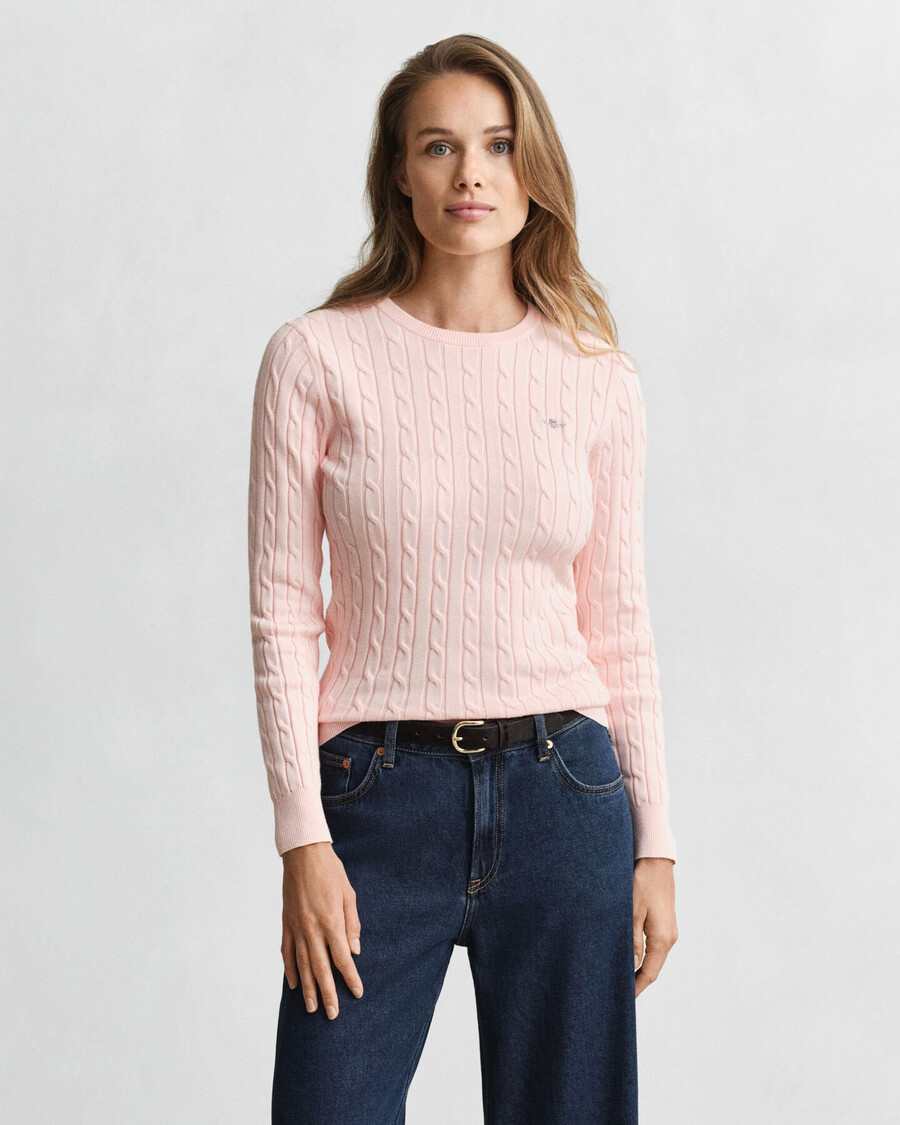 stretch cotton cable knit crew neck sweater - apricot pink