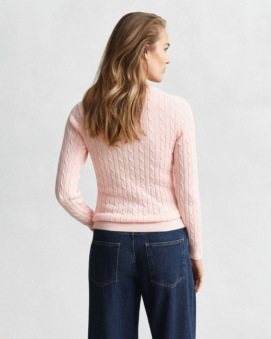 stretch cotton cable knit crew neck sweater - apricot pink