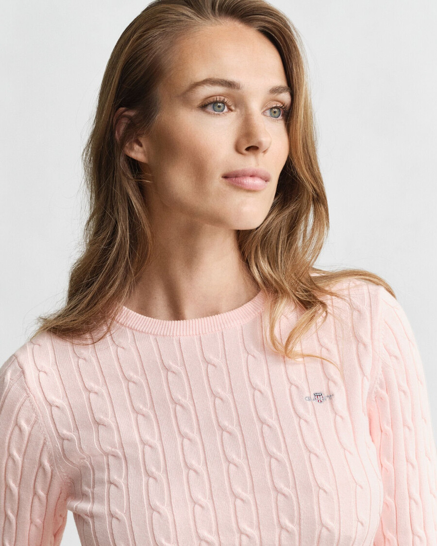 stretch cotton cable knit crew neck sweater - apricot pink