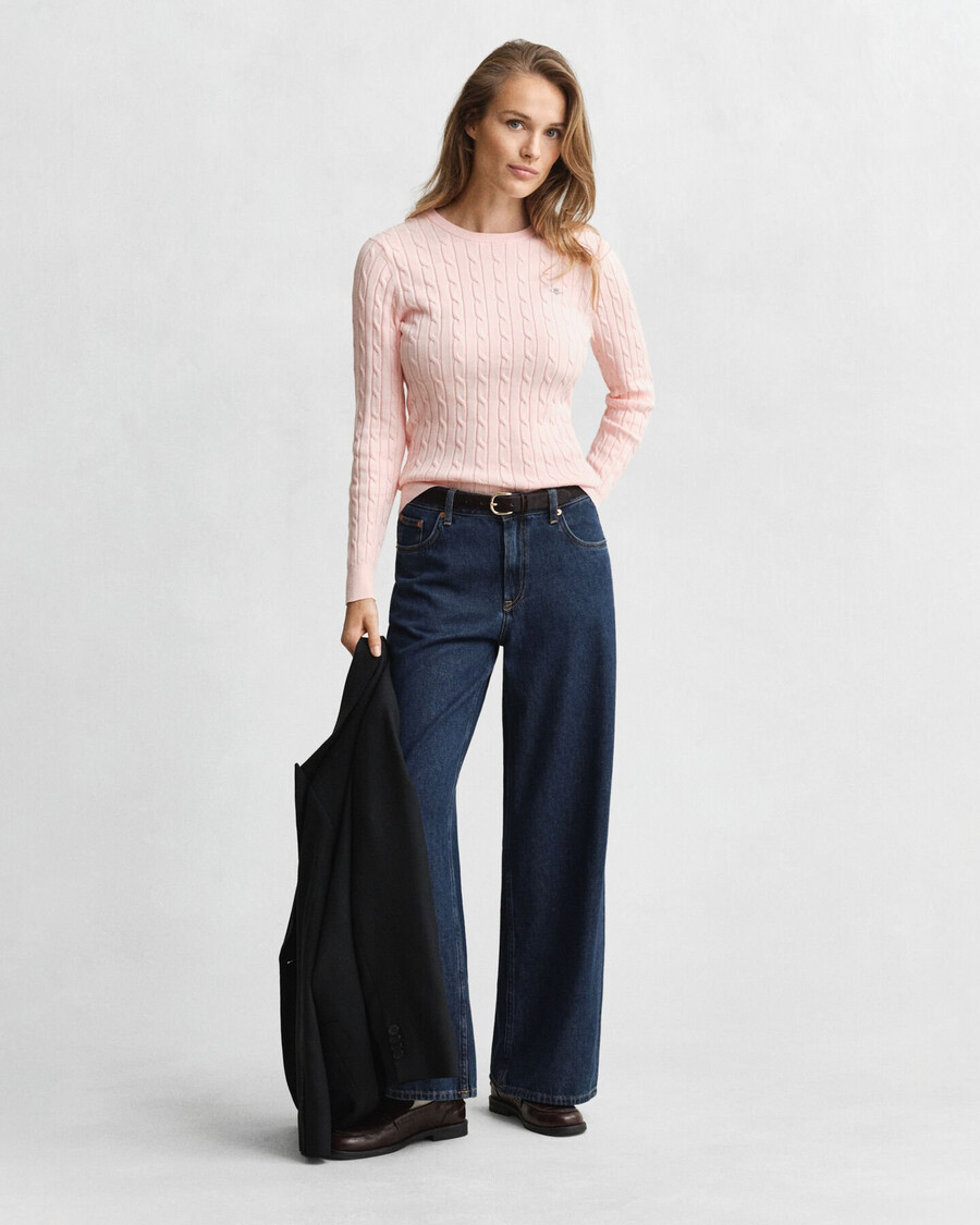 stretch cotton cable knit crew neck sweater - apricot pink
