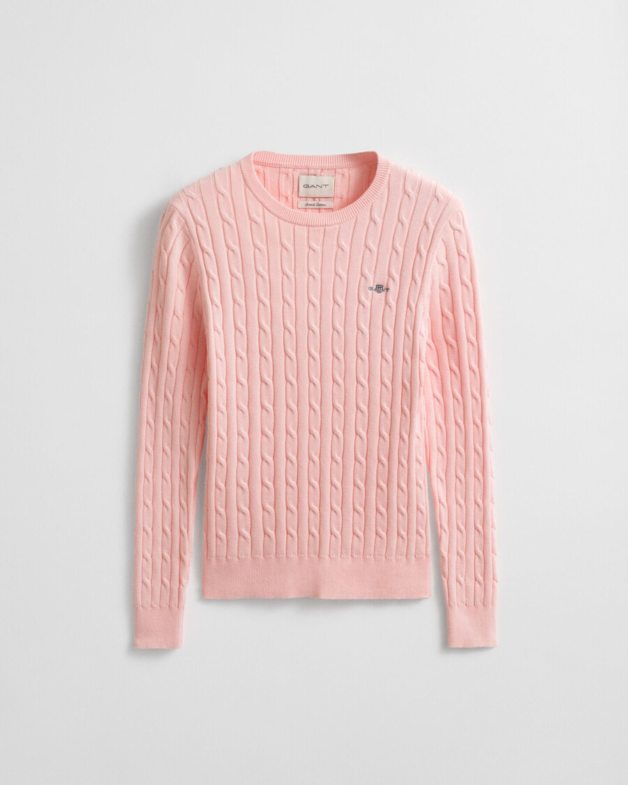 stretch cotton cable knit crew neck sweater - apricot pink