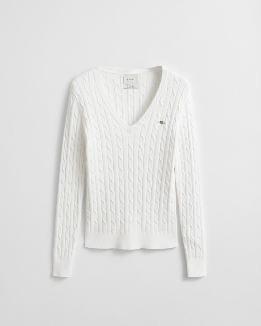 stretch cotton cable knit vneck sweater - eggshell