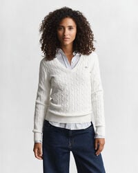 stretch cotton cable knit vneck sweater - eggshell