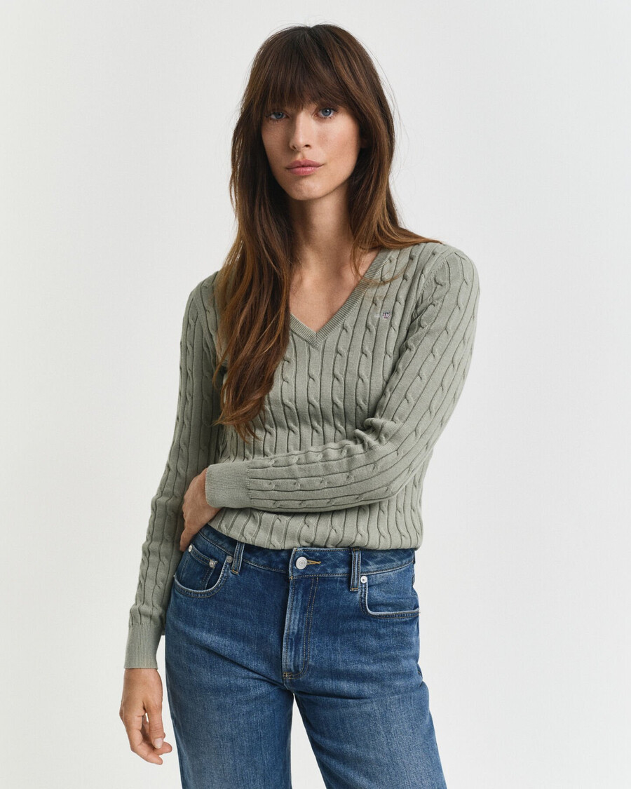 stretch cotton cable knit vneck sweater - faded sage