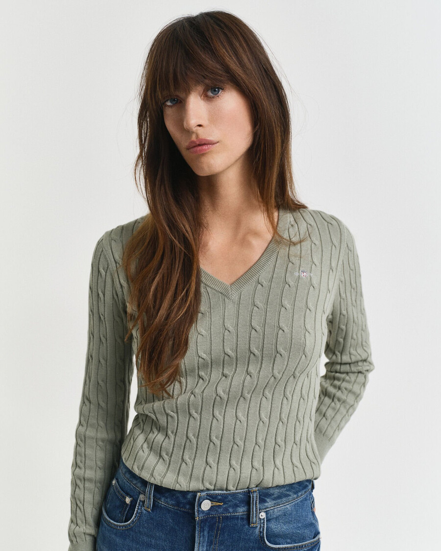 stretch cotton cable knit vneck sweater - faded sage