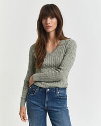 stretch cotton cable knit vneck sweater - faded sage