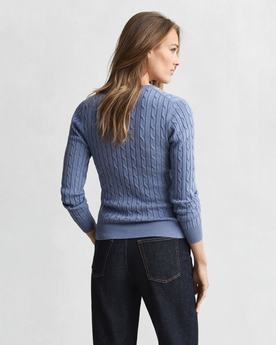 stretch cotton cable knit vneck sweater - faded denim