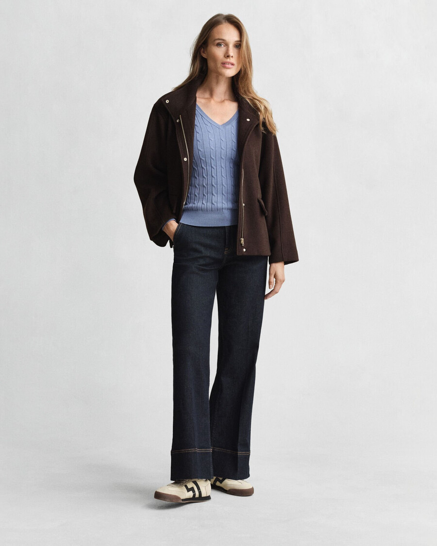 stretch cotton cable knit vneck sweater - faded denim