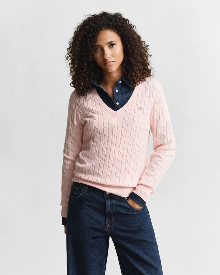 stretch cotton cable knit vneck sweater - apricot pink