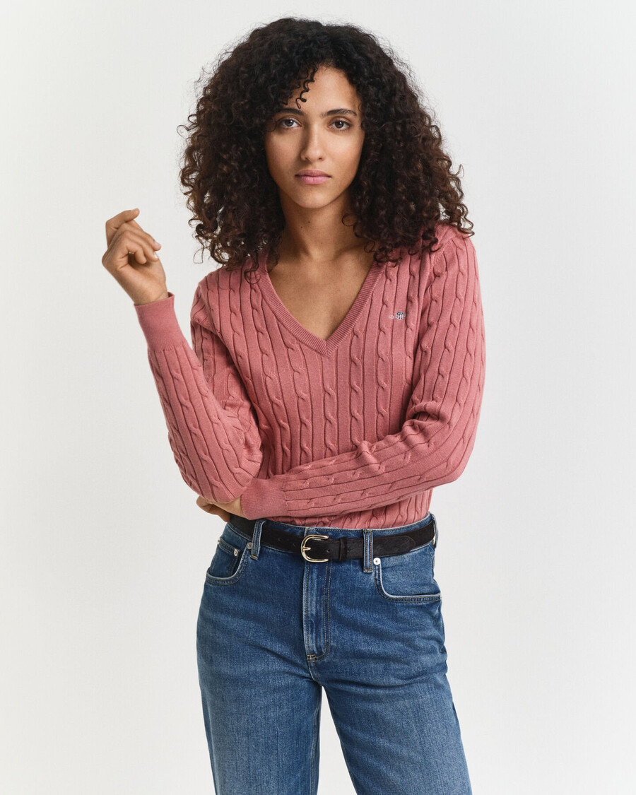 stretch cotton cable knit vneck sweater - faded brick