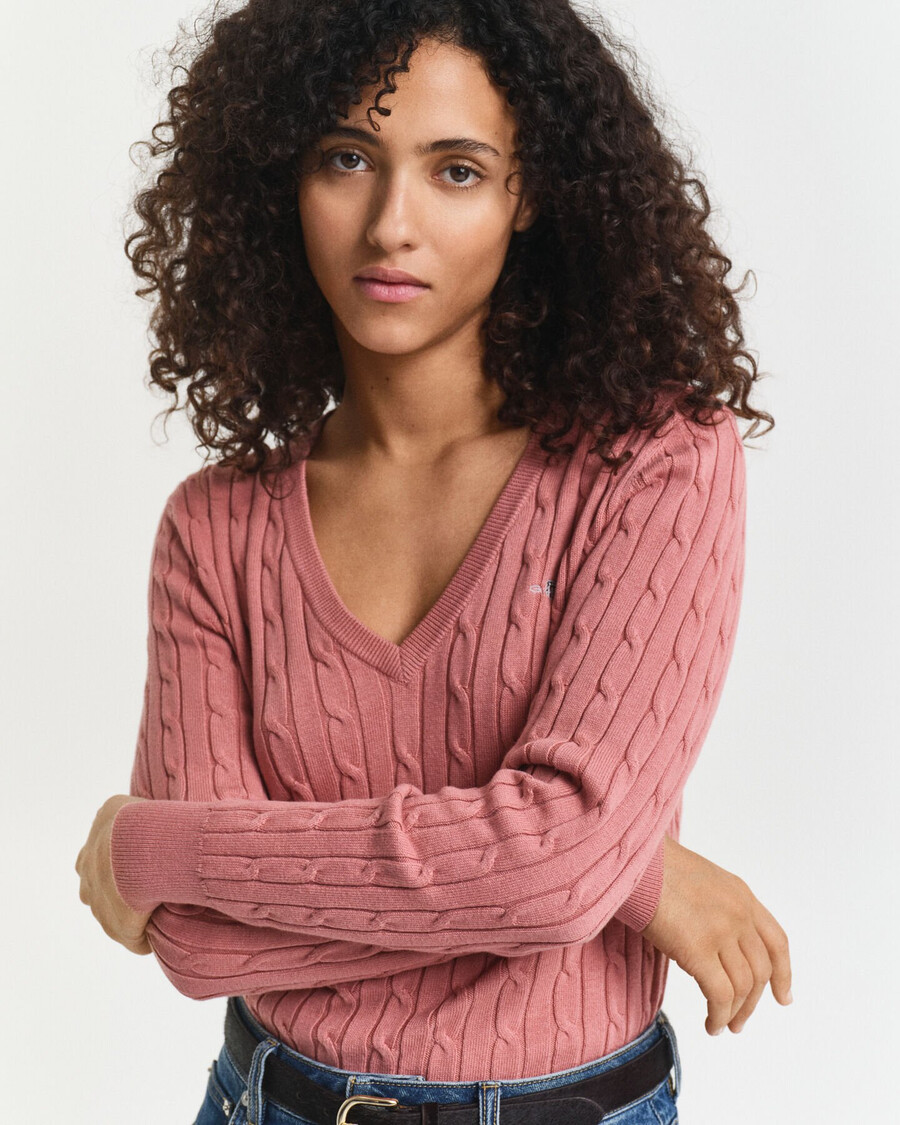 stretch cotton cable knit vneck sweater - faded brick