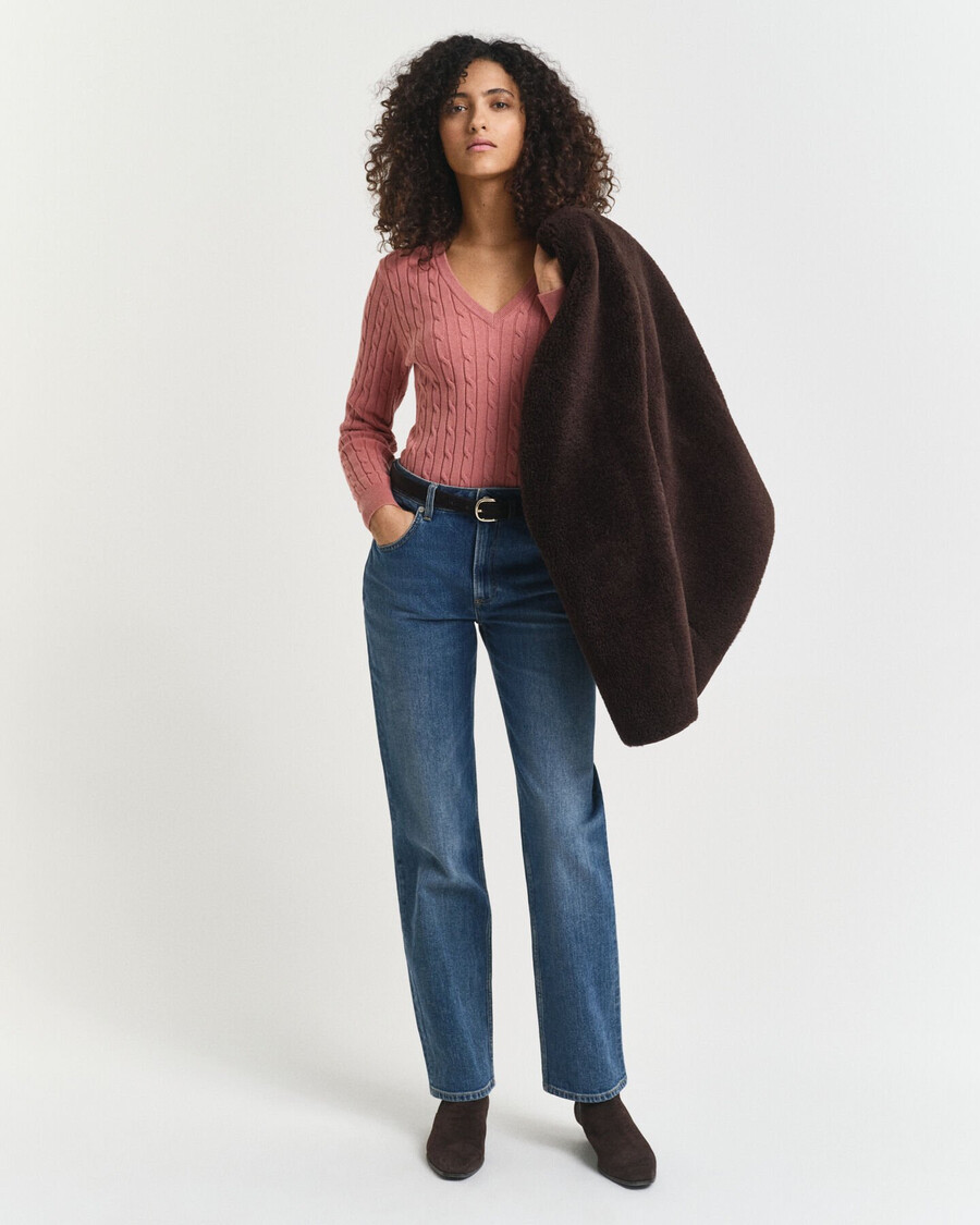stretch cotton cable knit vneck sweater - faded brick