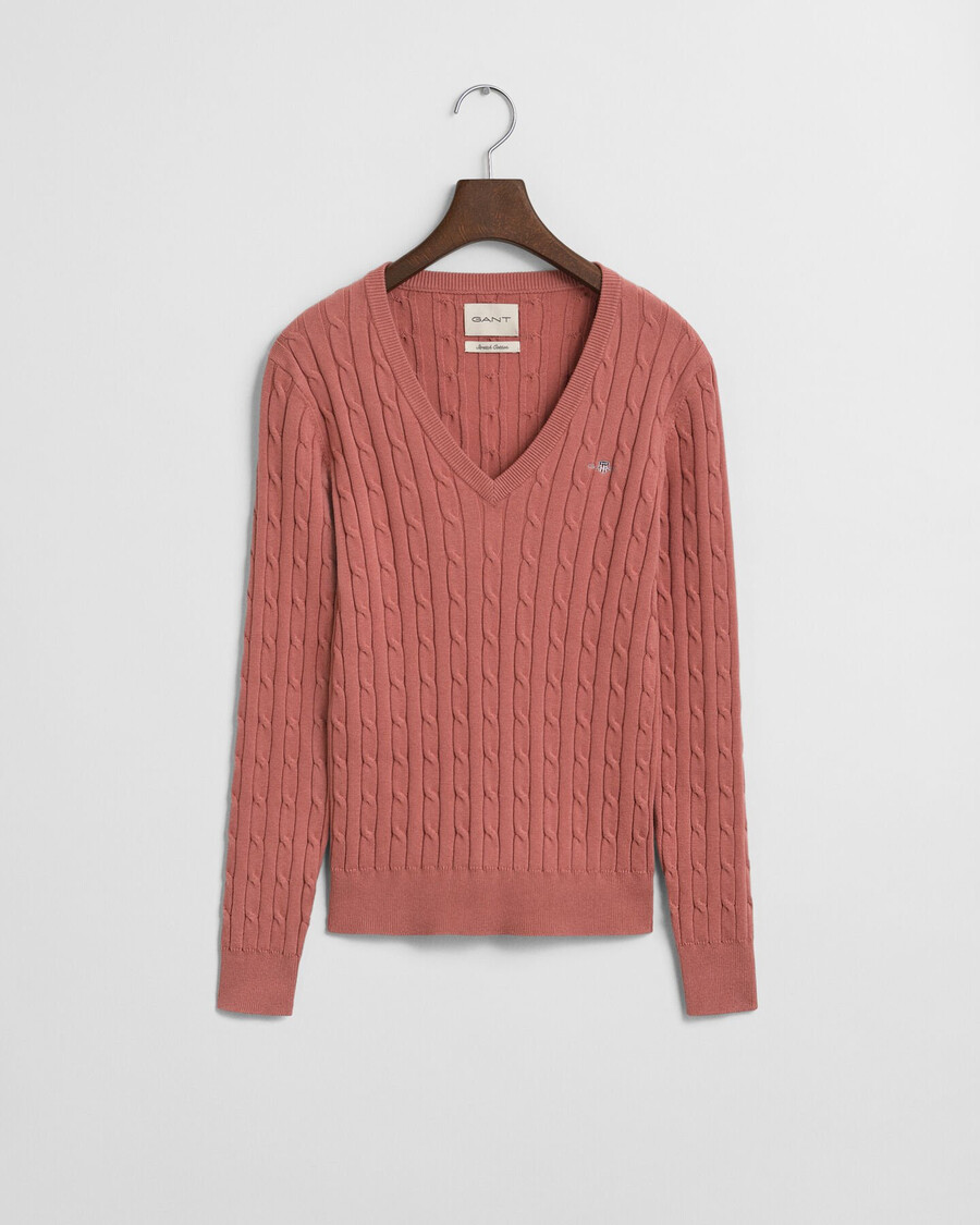 stretch cotton cable knit vneck sweater - faded brick