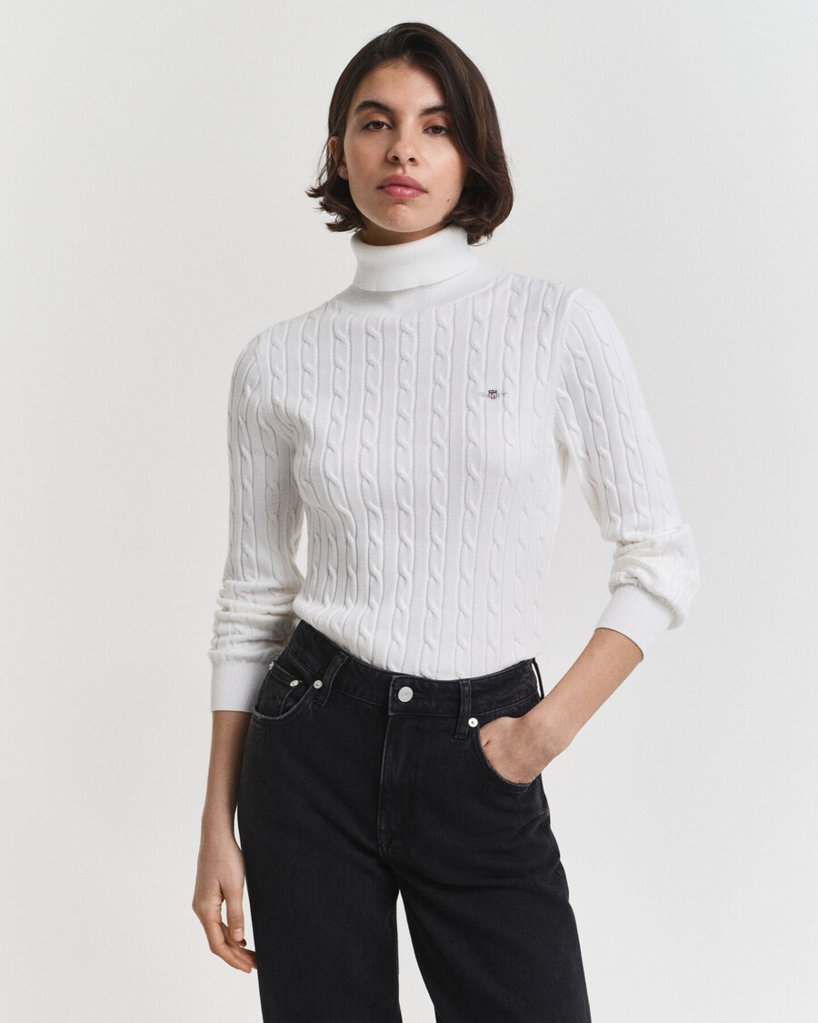 stretch cotton cable knit turtleneck sweater - eggshell