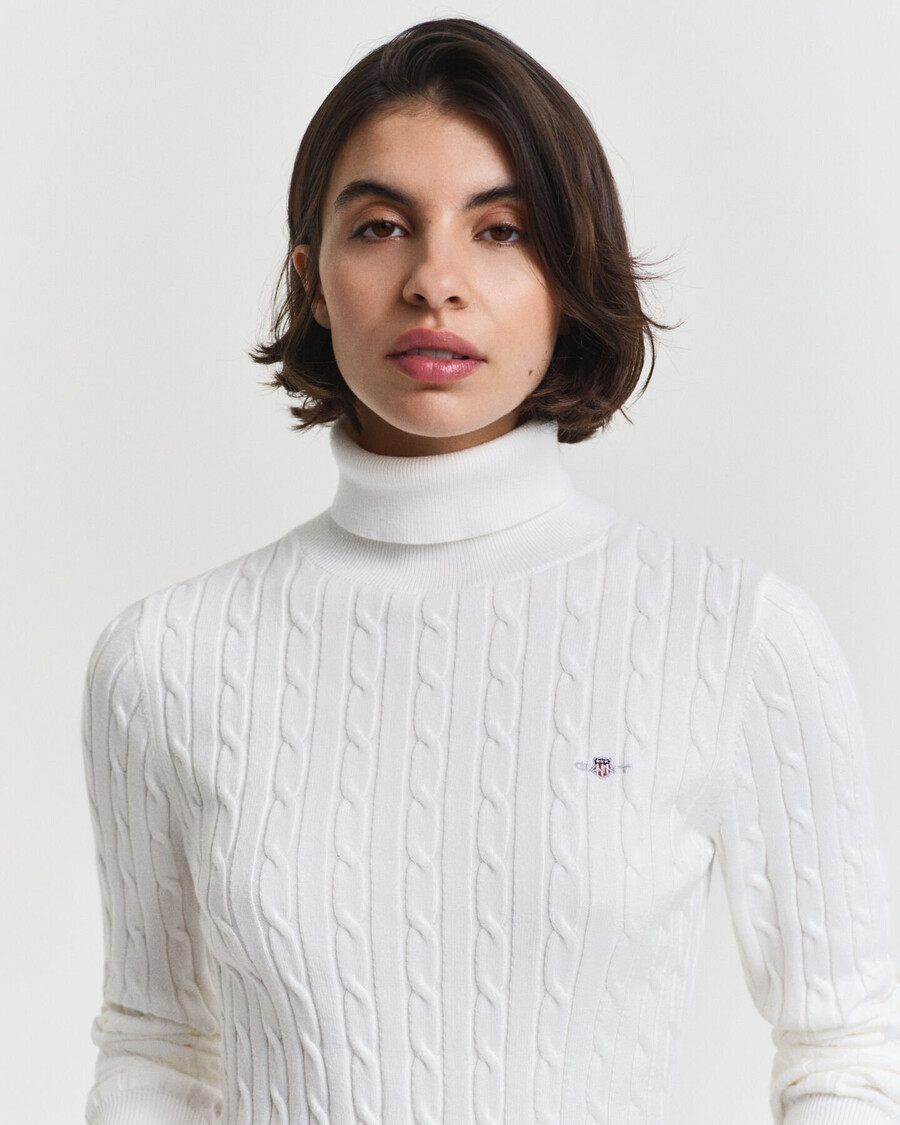 stretch cotton cable knit turtleneck sweater - eggshell