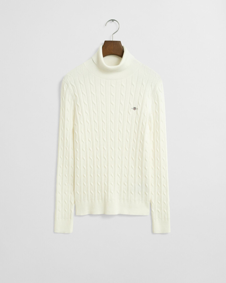 stretch cotton cable knit turtleneck sweater - eggshell