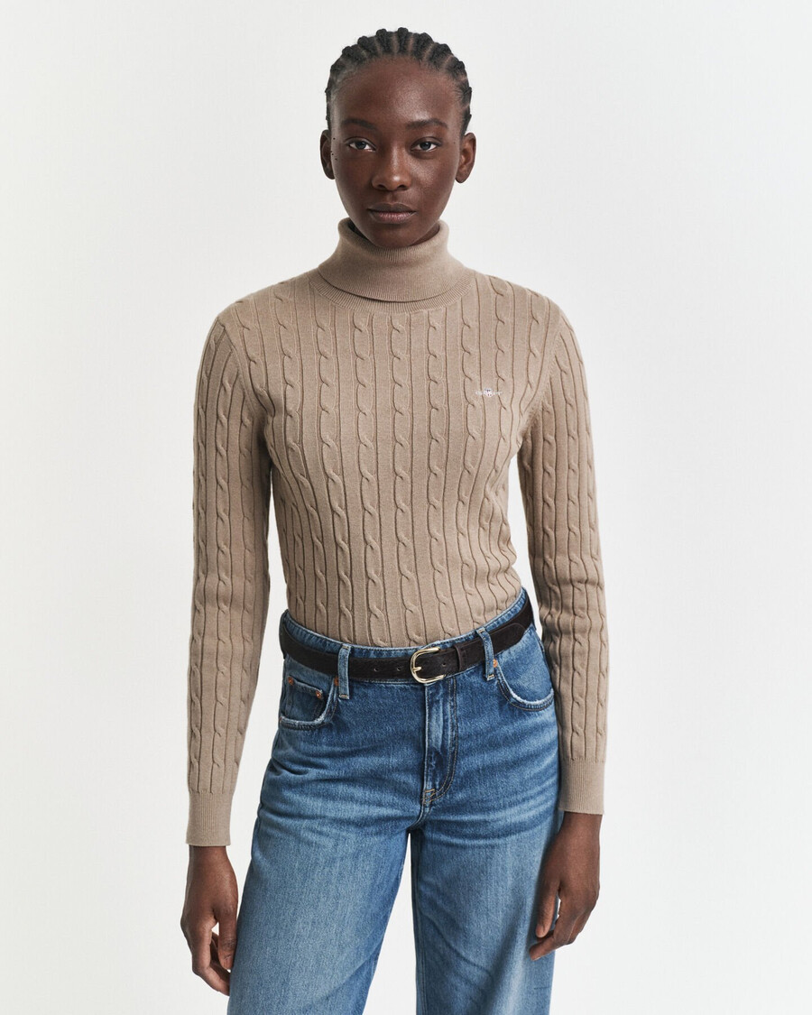 stretch cotton cable knit turtleneck sweater - taupe beige