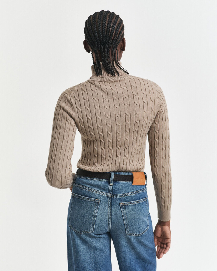 stretch cotton cable knit turtleneck sweater - taupe beige
