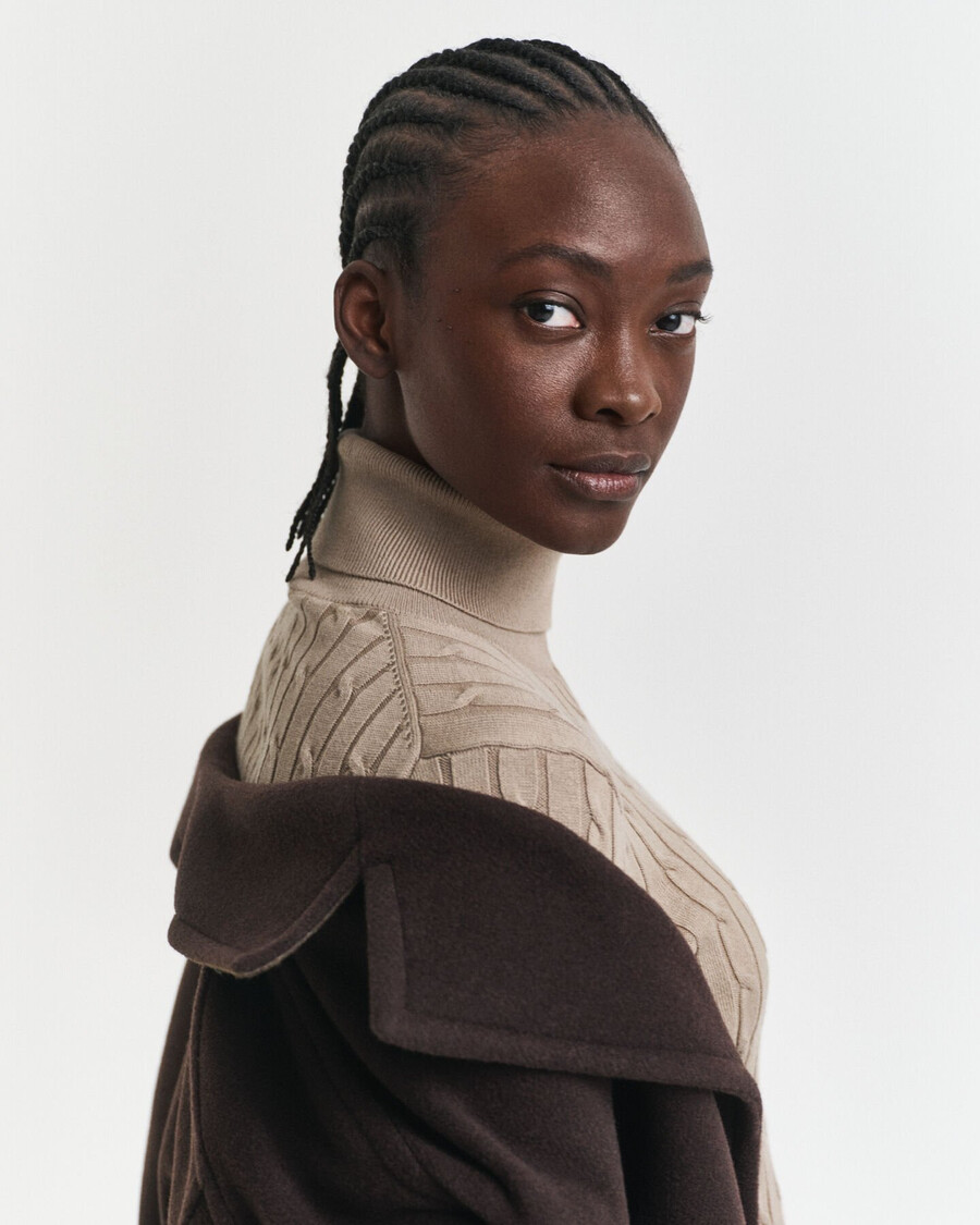 stretch cotton cable knit turtleneck sweater - taupe beige