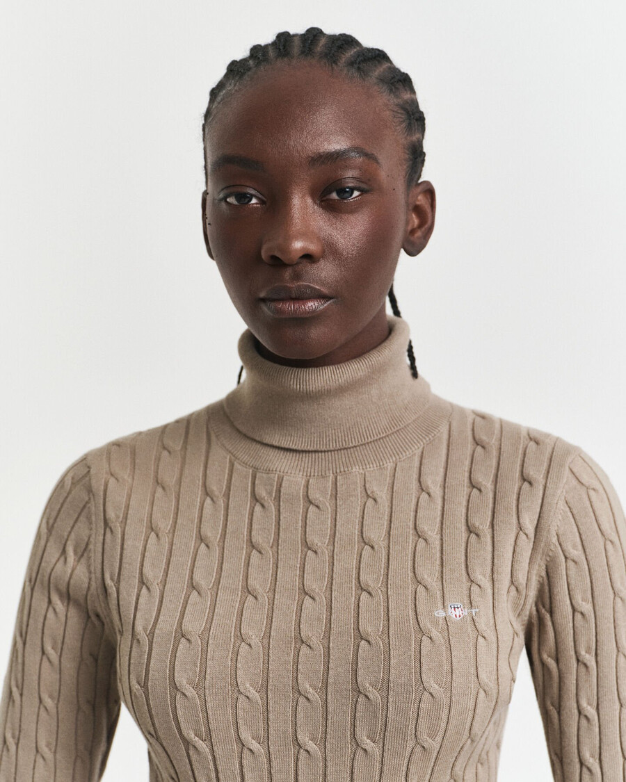 stretch cotton cable knit turtleneck sweater - taupe beige