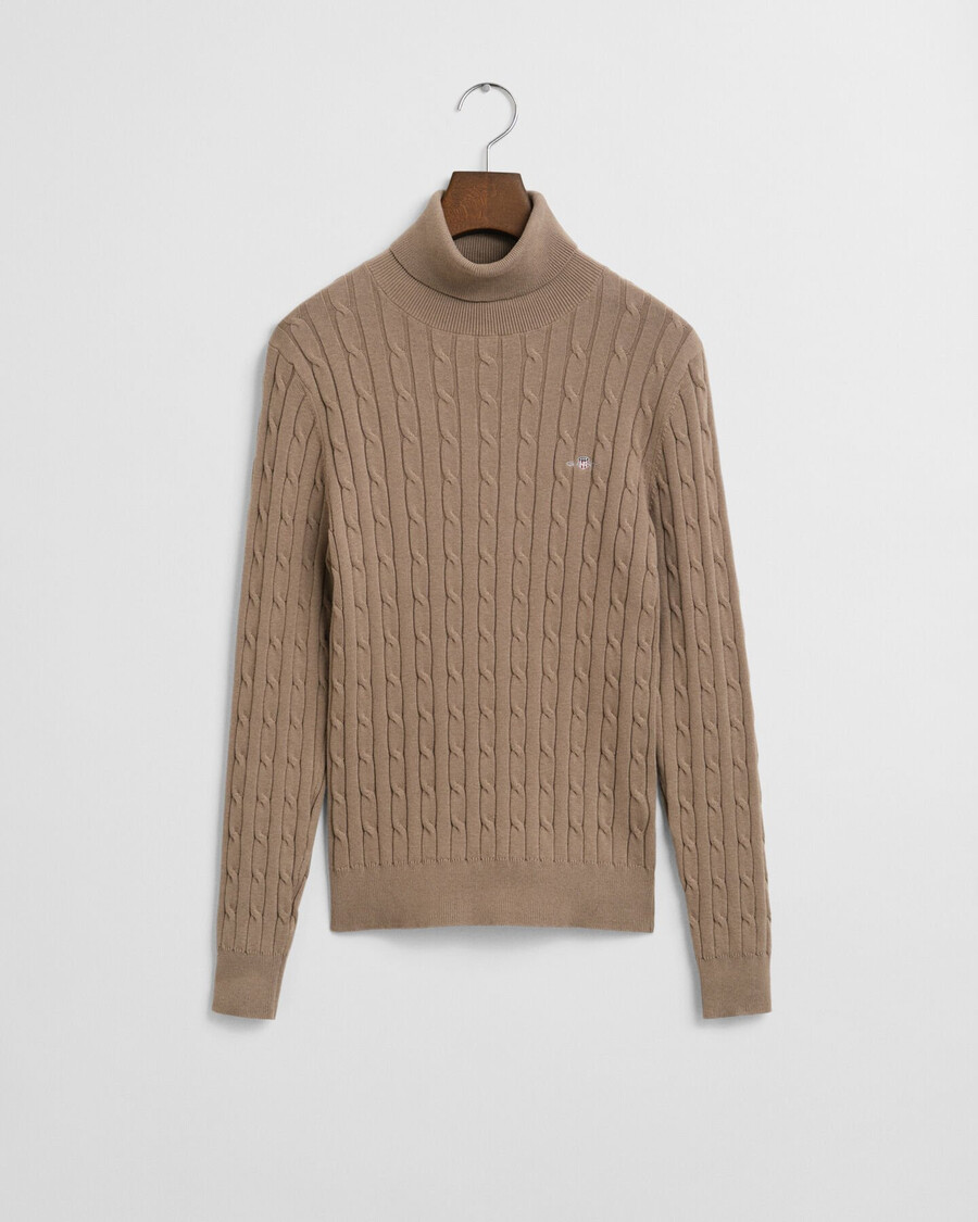 stretch cotton cable knit turtleneck sweater - taupe beige