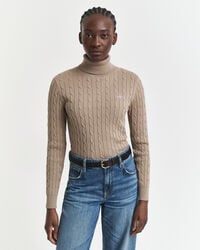 stretch cotton cable knit turtleneck sweater - taupe beige