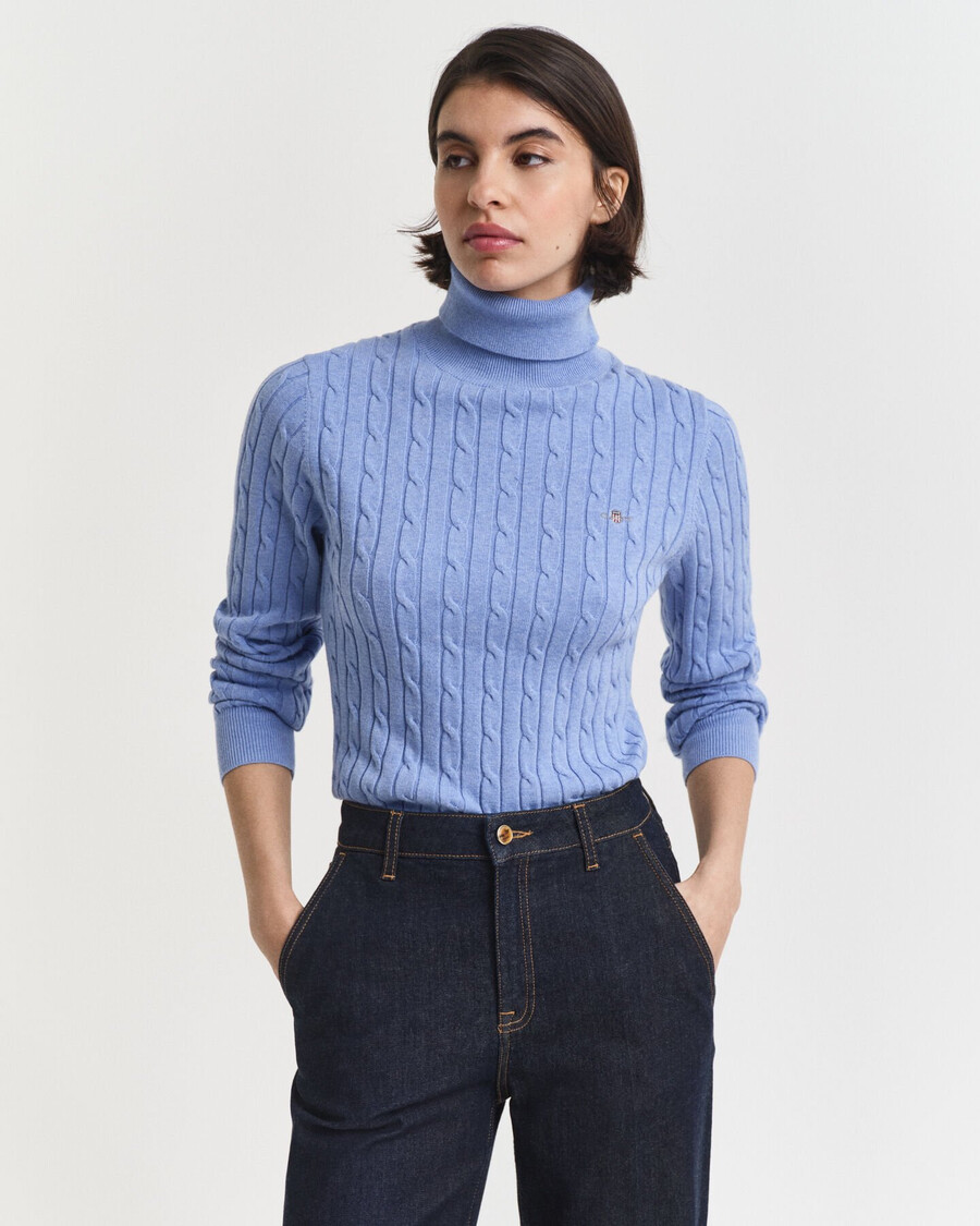 stretch cotton cable knit turtleneck sweater - clear sky