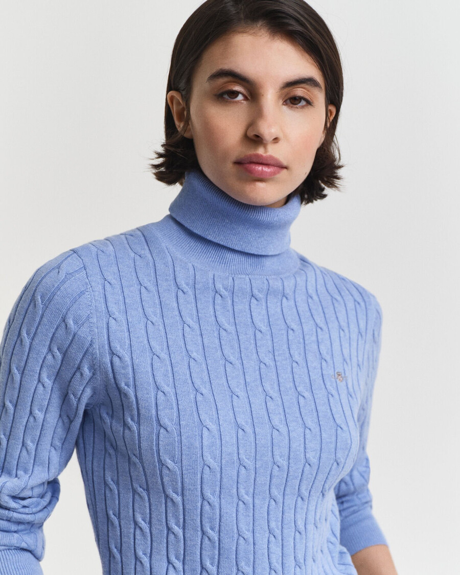 stretch cotton cable knit turtleneck sweater - clear sky
