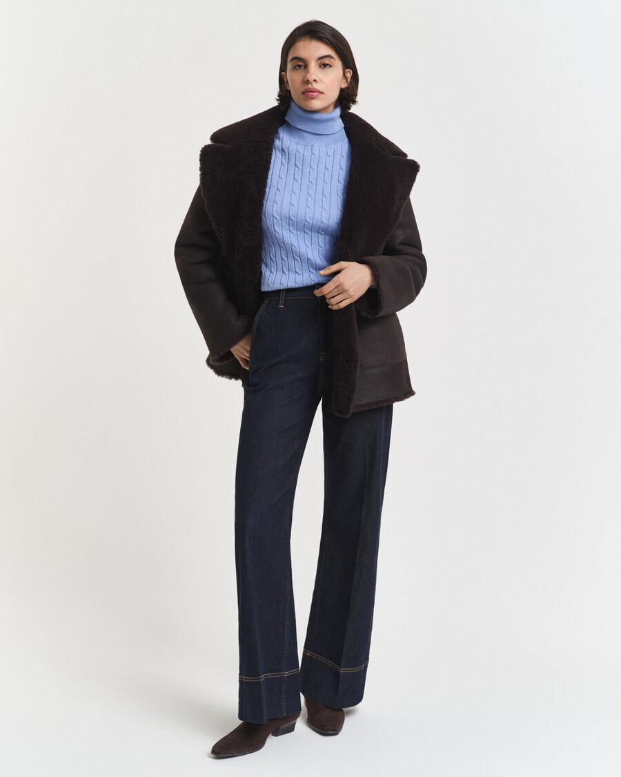 stretch cotton cable knit turtleneck sweater - clear sky