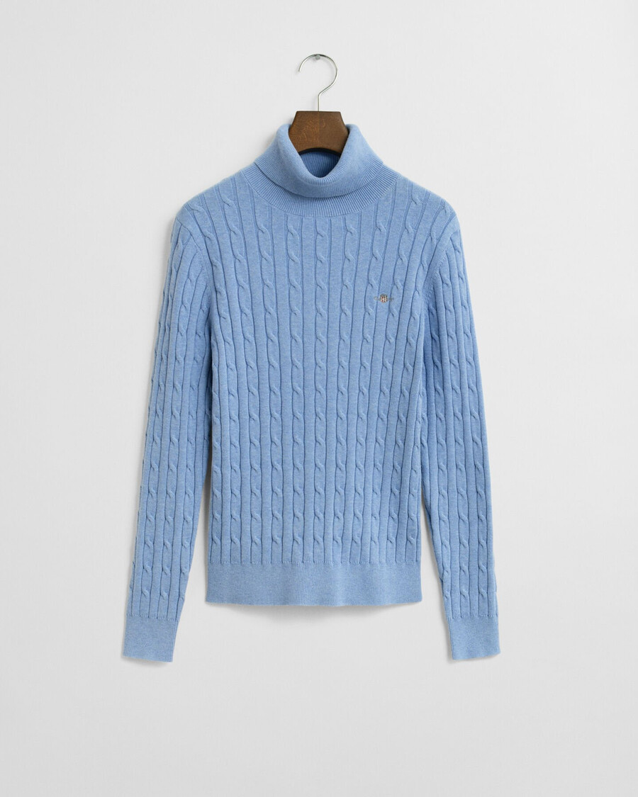 stretch cotton cable knit turtleneck sweater - clear sky