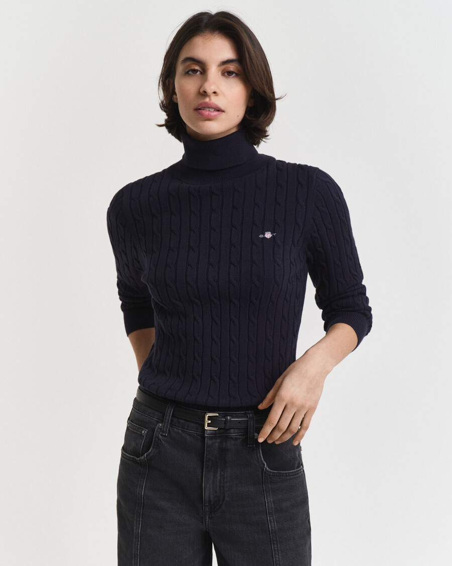 stretch cotton cable knit turtleneck sweater - evening blue