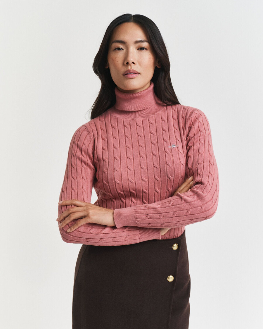 stretch cotton cable knit turtleneck sweater - faded brick