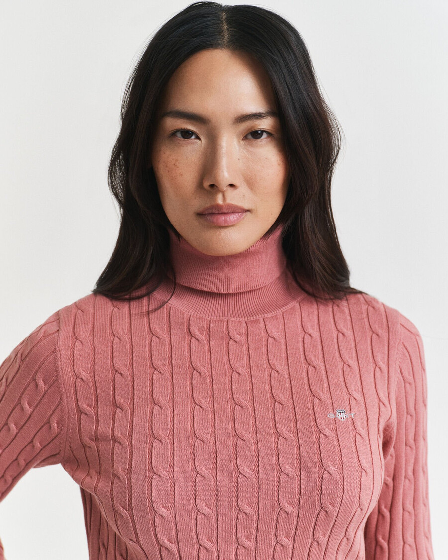 stretch cotton cable knit turtleneck sweater - faded brick