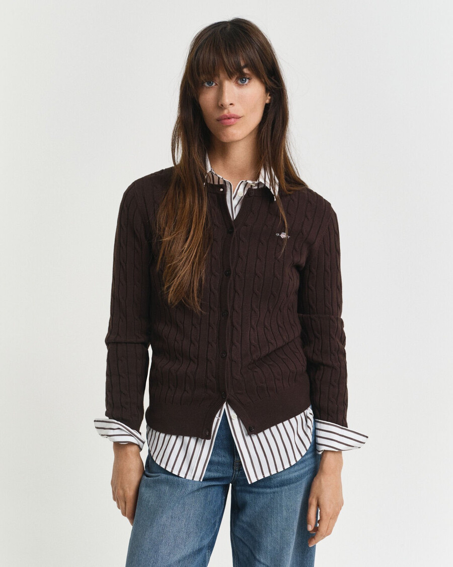 stretch cotton cable knit cardigan - deep brown