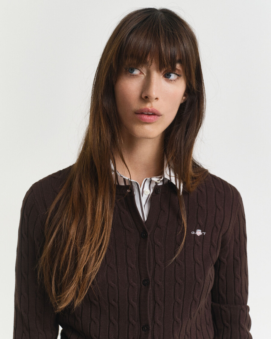 stretch cotton cable knit cardigan - deep brown