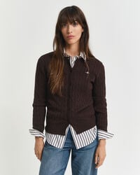 stretch cotton cable knit cardigan - deep brown