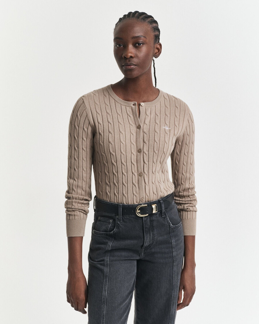 stretch cotton cable knit cardigan - taupe beige