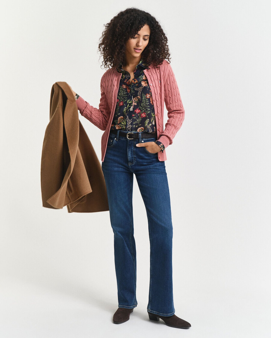 stretch cotton cable knit cardigan - faded brick