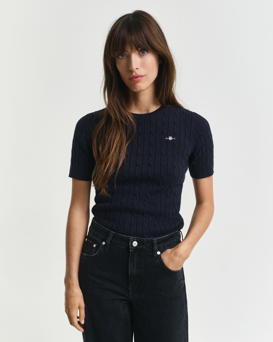 stretch cotton cable knit sweater - evening blue