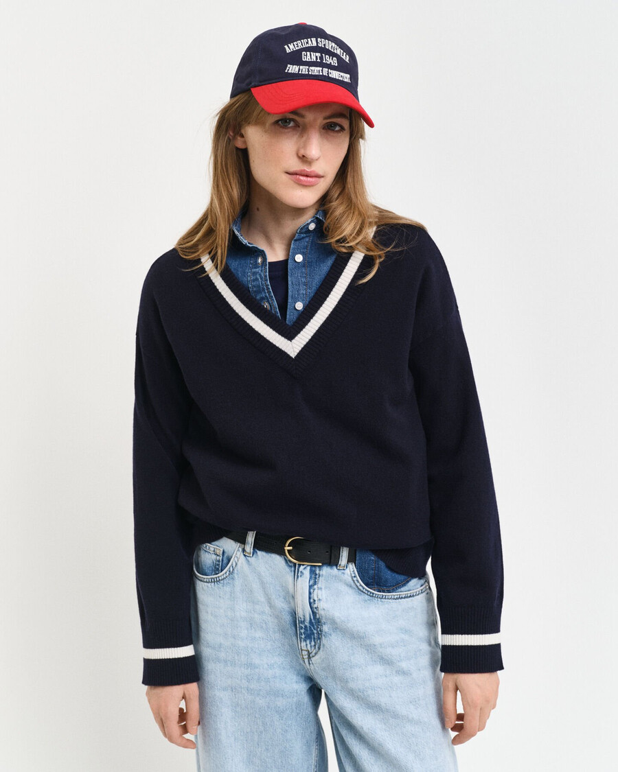 superfine lambswool contrast vneck sweater - evening blue
