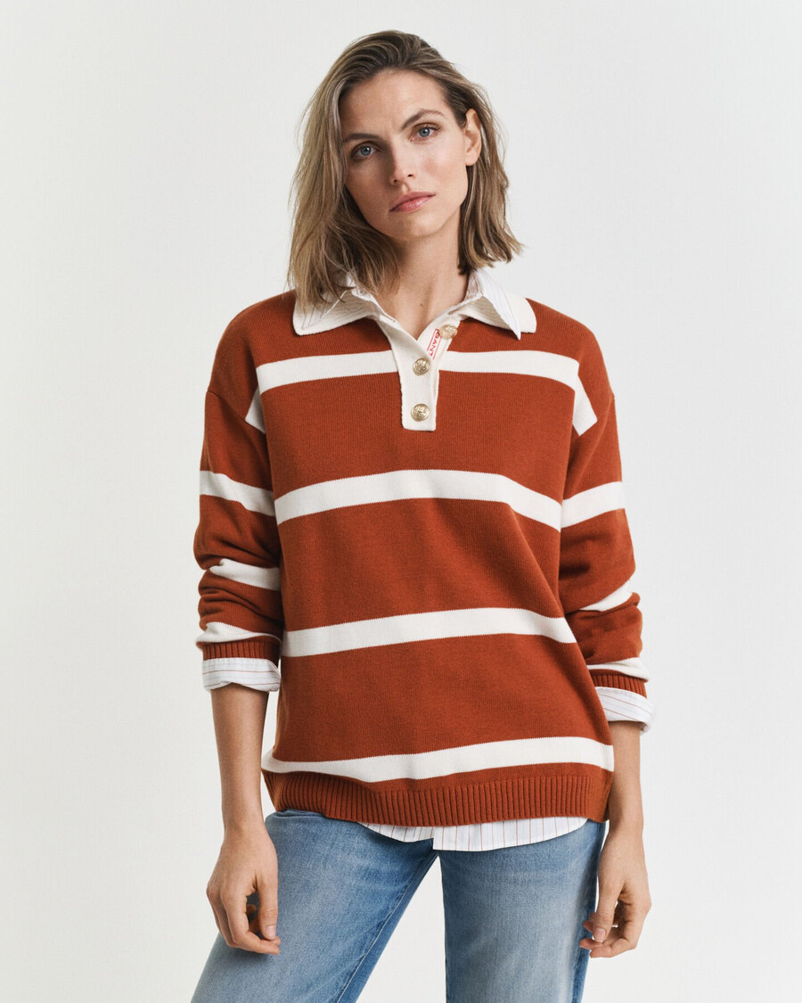 striped knitted rugger - rusty brown
