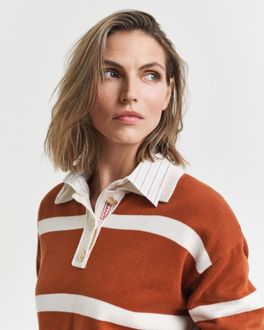 striped knitted rugger - rusty brown