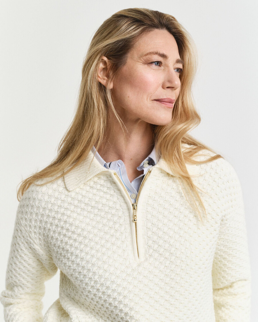 textured cotton halfzip sweater - cream