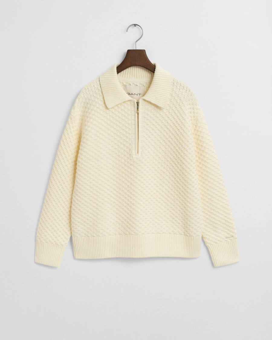 textured cotton halfzip sweater - cream