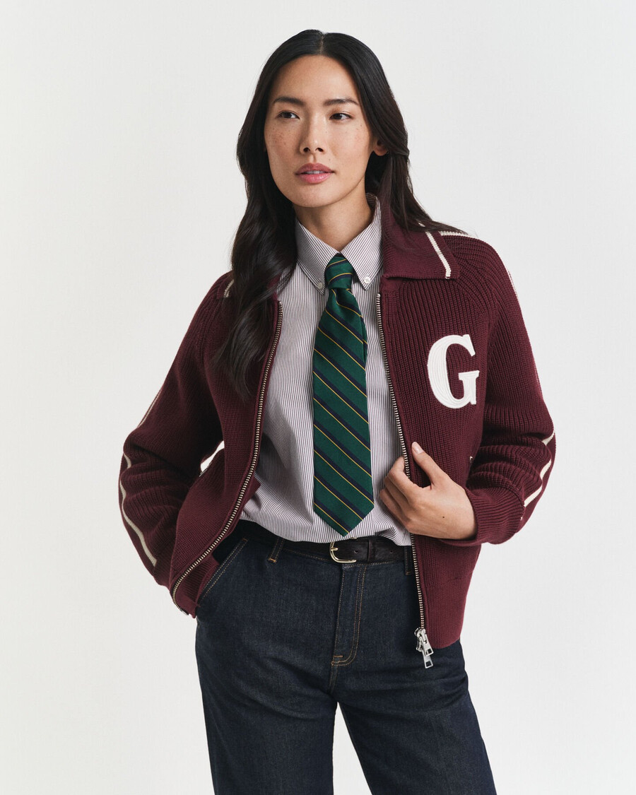 varsity zip cardigan - plum wine