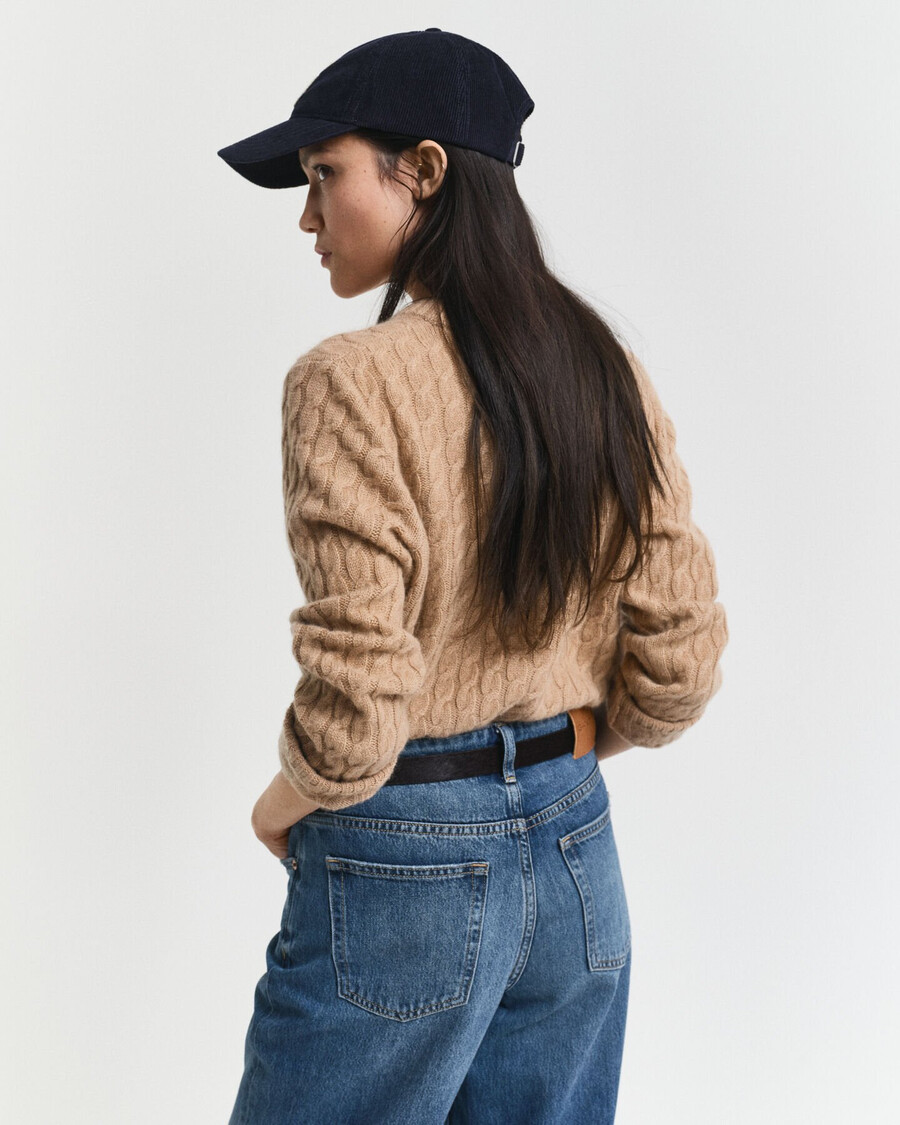 cashmere cable knit crew neck sweater - warm khaki