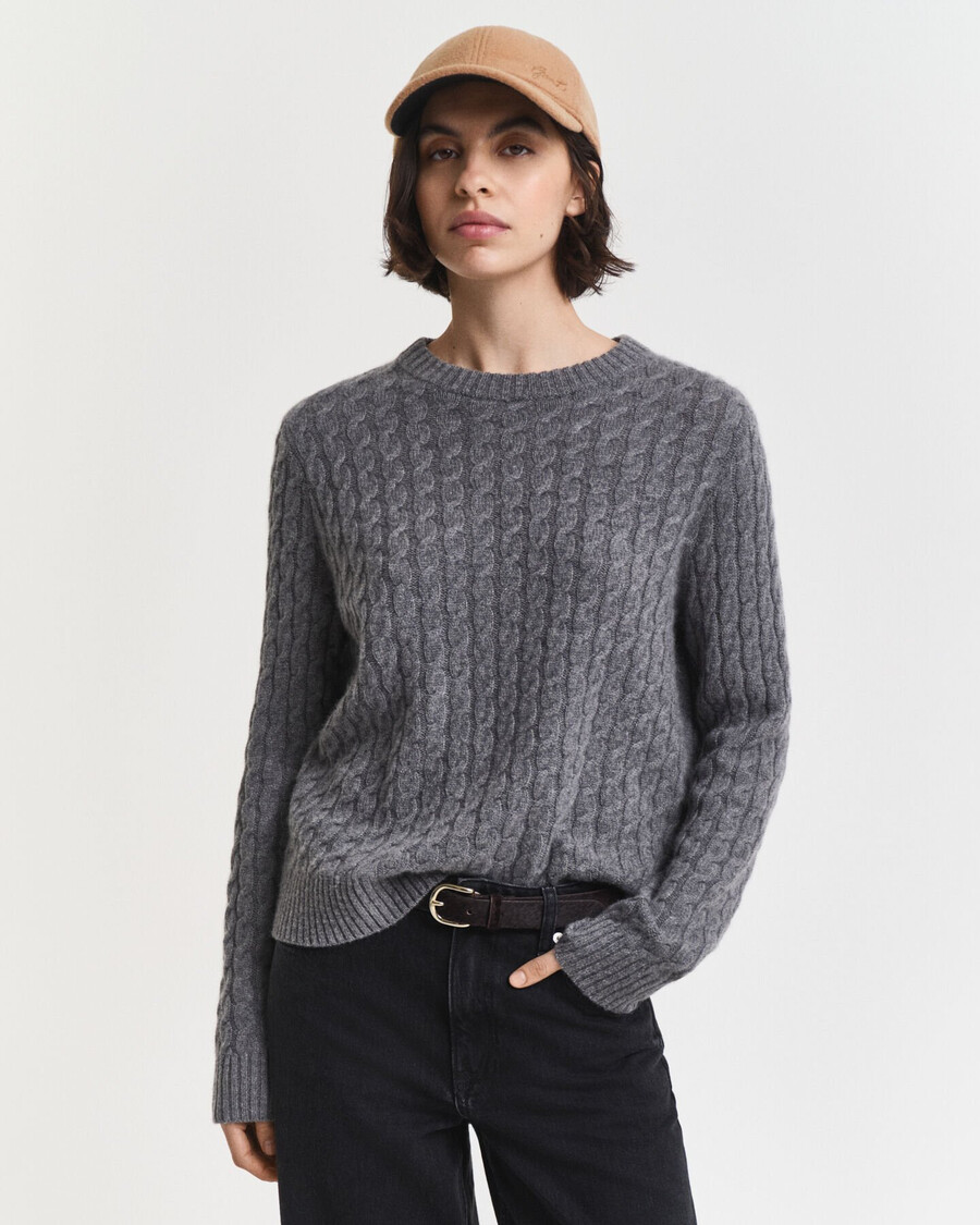 cashmere cable knit crew neck sweater - charcoal melange