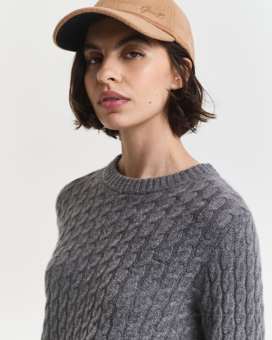 cashmere cable knit crew neck sweater - charcoal melange